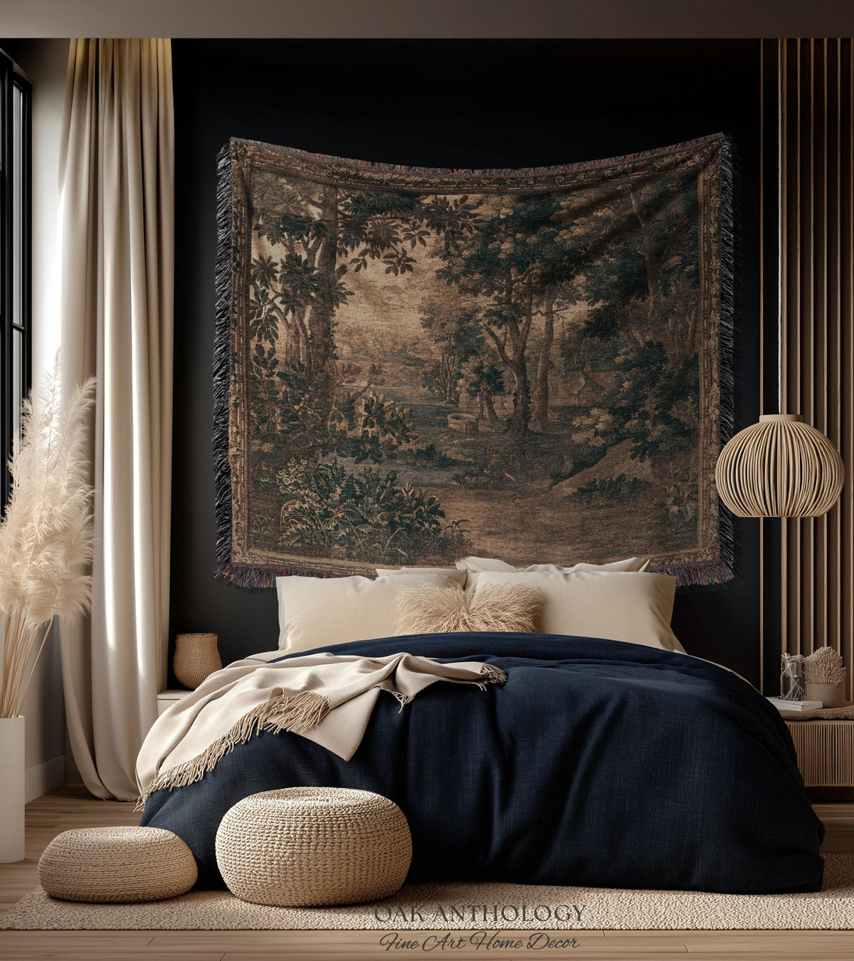 Sepia Forest Grove Landscape Tapestry Classic European Pastoral Scene | Rustic Heritage Baroque Verdure Woven Woodland Old World Wall Art