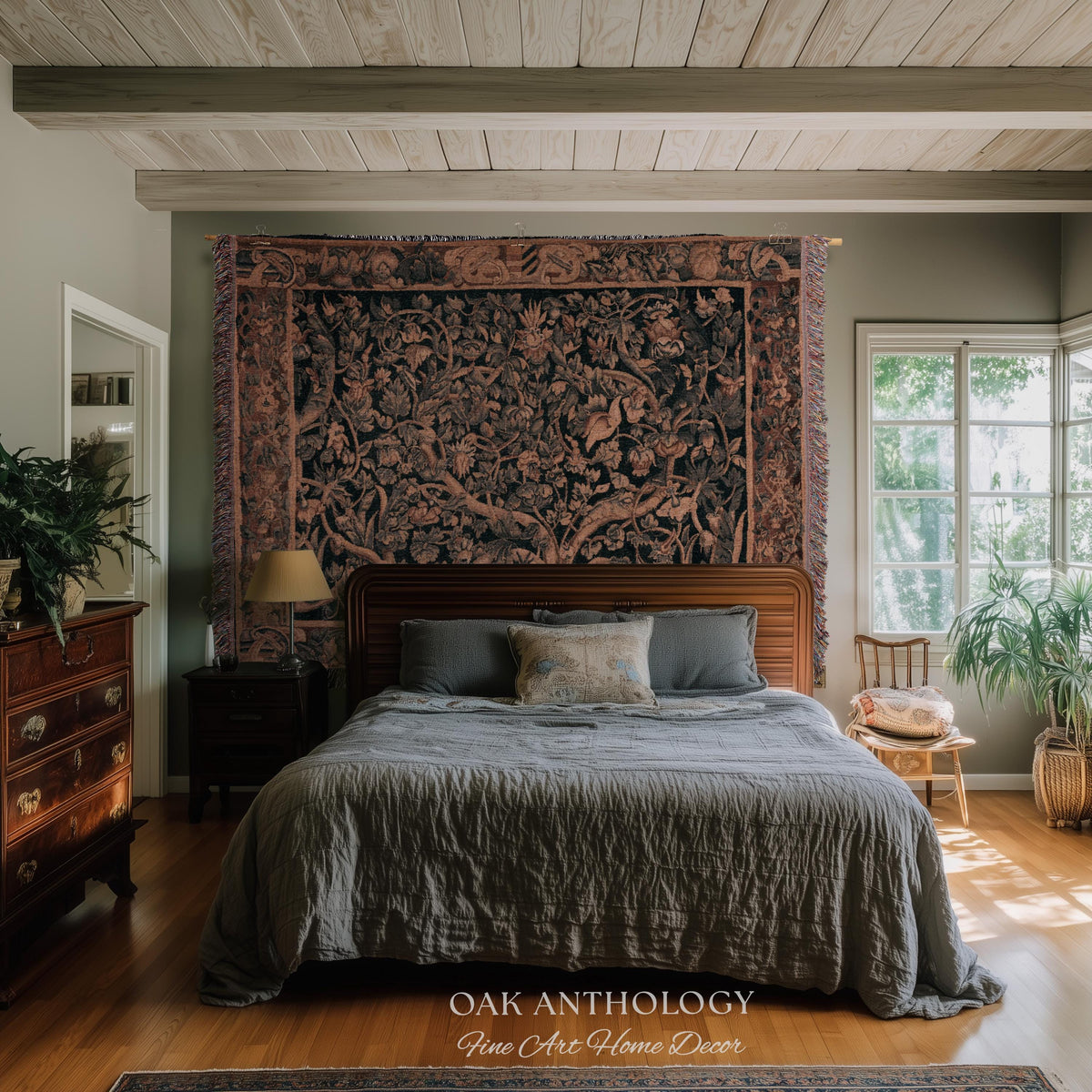 Flemish Tree of Life Woven Tapestry Blanket Large Leaf Verdure Medieval Renaissance Art Styling, Old World Garden Jacquard Throw Woven Decor