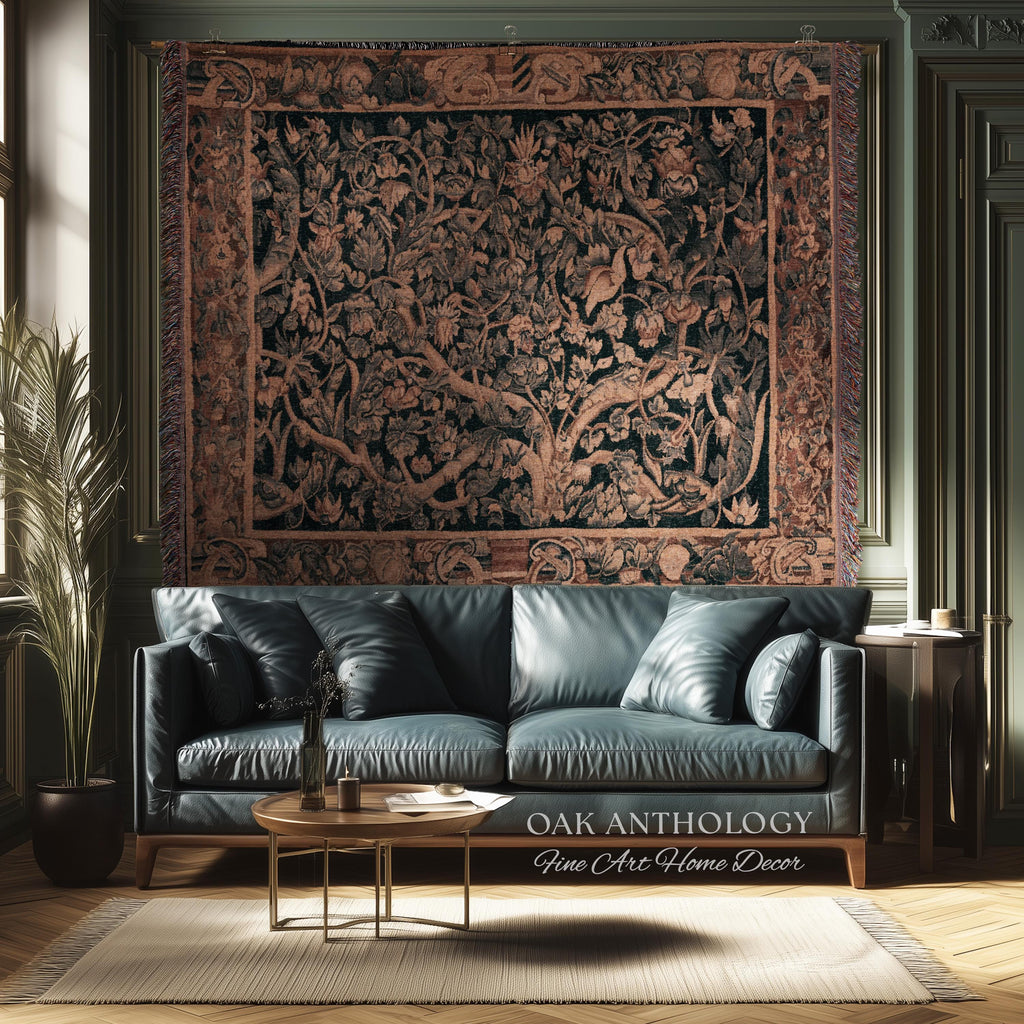 Flemish Tree of Life Woven Tapestry Blanket Large Leaf Verdure Medieval Renaissance Art Styling, Old World Garden Jacquard Throw Woven Decor