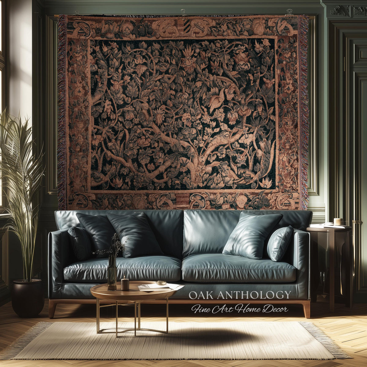 Flemish Tree of Life Woven Tapestry Blanket Large Leaf Verdure Medieval Renaissance Art Styling, Old World Garden Jacquard Throw Woven Decor