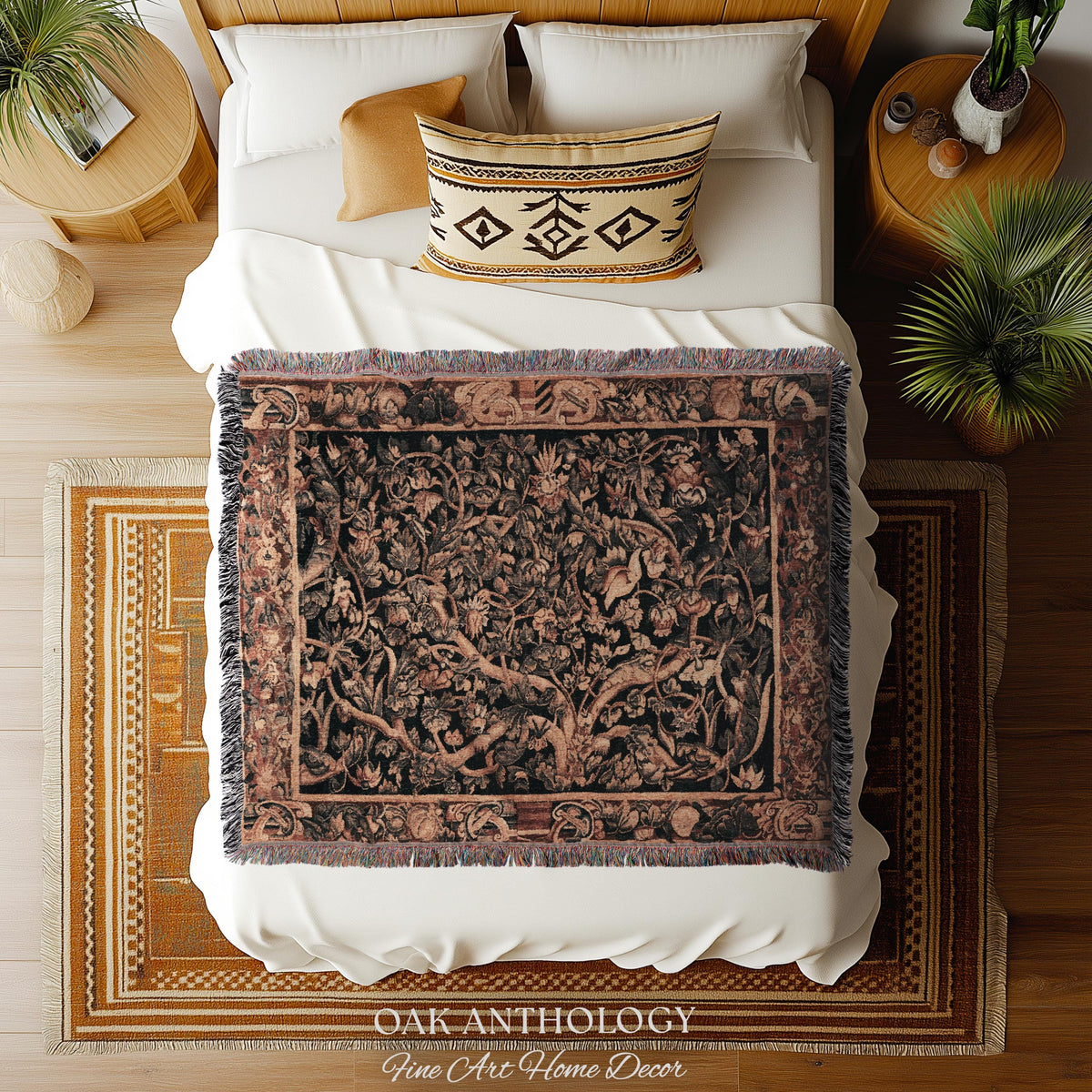 Flemish Tree of Life Woven Tapestry Blanket Large Leaf Verdure Medieval Renaissance Art Styling, Old World Garden Jacquard Throw Woven Decor