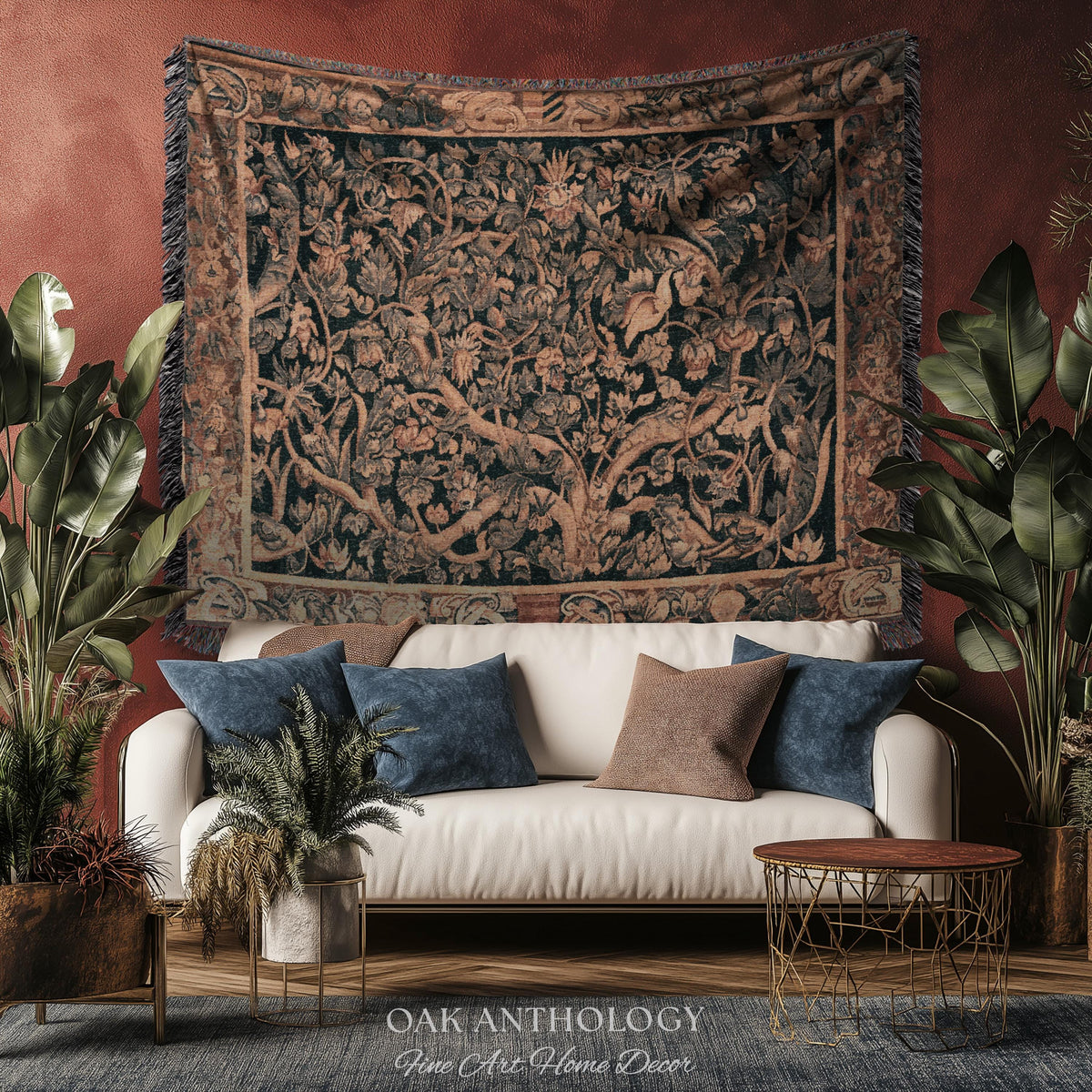 Flemish Tree of Life Woven Tapestry Blanket Large Leaf Verdure Medieval Renaissance Art Styling, Old World Garden Jacquard Throw Woven Decor