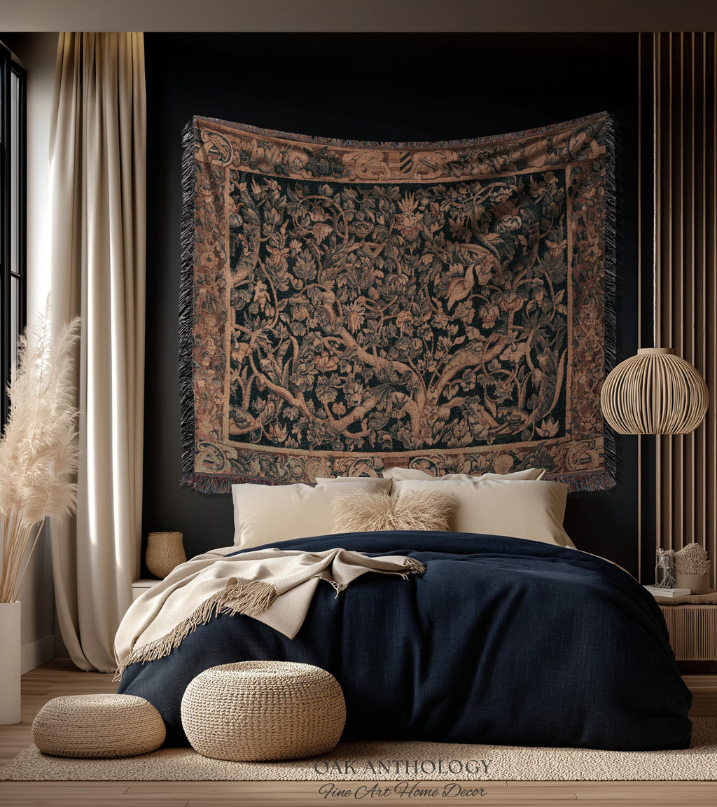 Flemish Tree of Life Woven Tapestry Blanket Large Leaf Verdure Medieval Renaissance Art Styling, Old World Garden Jacquard Throw Woven Decor