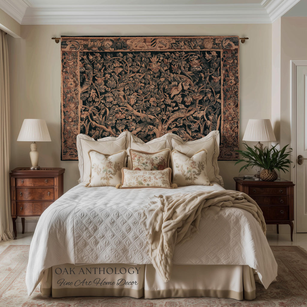 Flemish Tree of Life Woven Tapestry Blanket Large Leaf Verdure Medieval Renaissance Art Styling, Old World Garden Jacquard Throw Woven Decor
