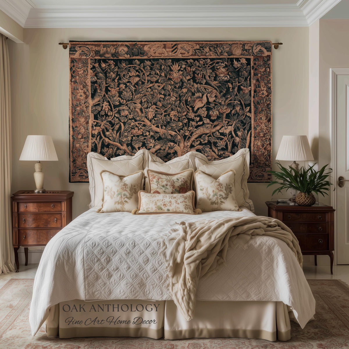 Flemish Tree of Life Woven Tapestry Blanket Large Leaf Verdure Medieval Renaissance Art Styling, Old World Garden Jacquard Throw Woven Decor