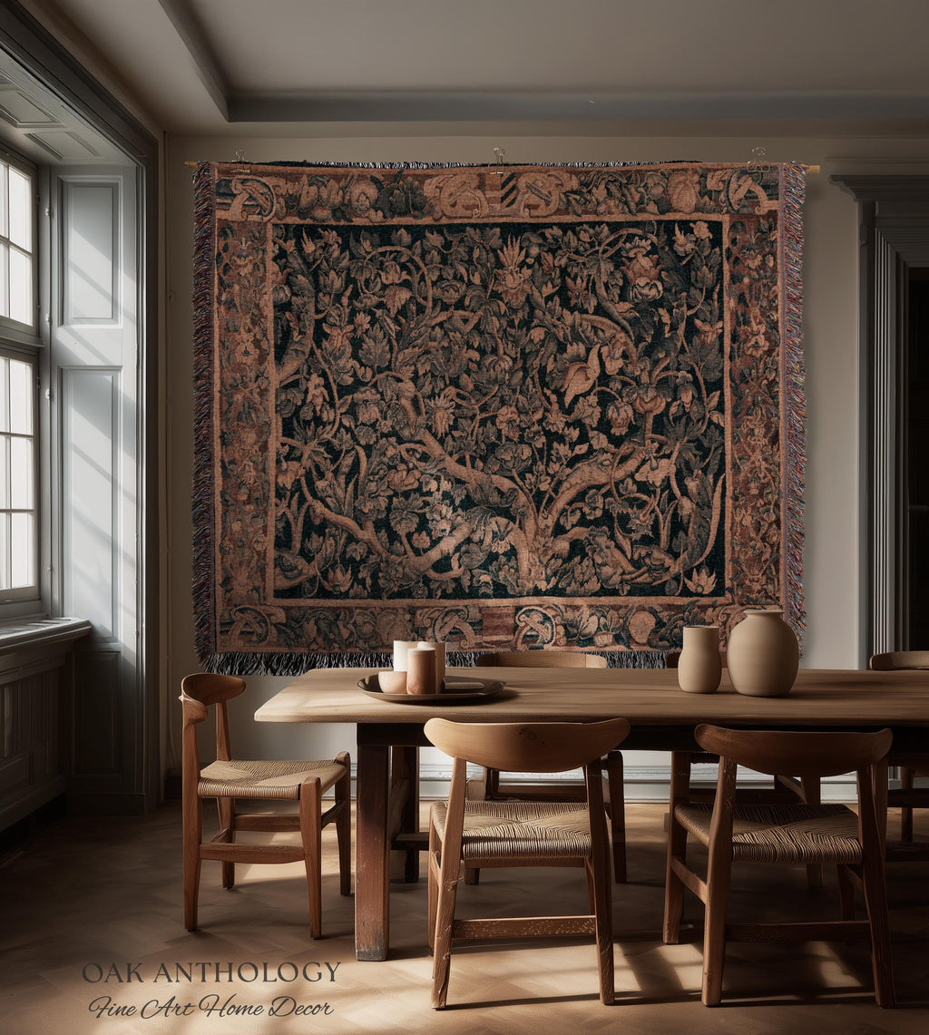 Flemish Tree of Life Woven Tapestry Blanket Large Leaf Verdure Medieval Renaissance Art Styling, Old World Garden Jacquard Throw Woven Decor