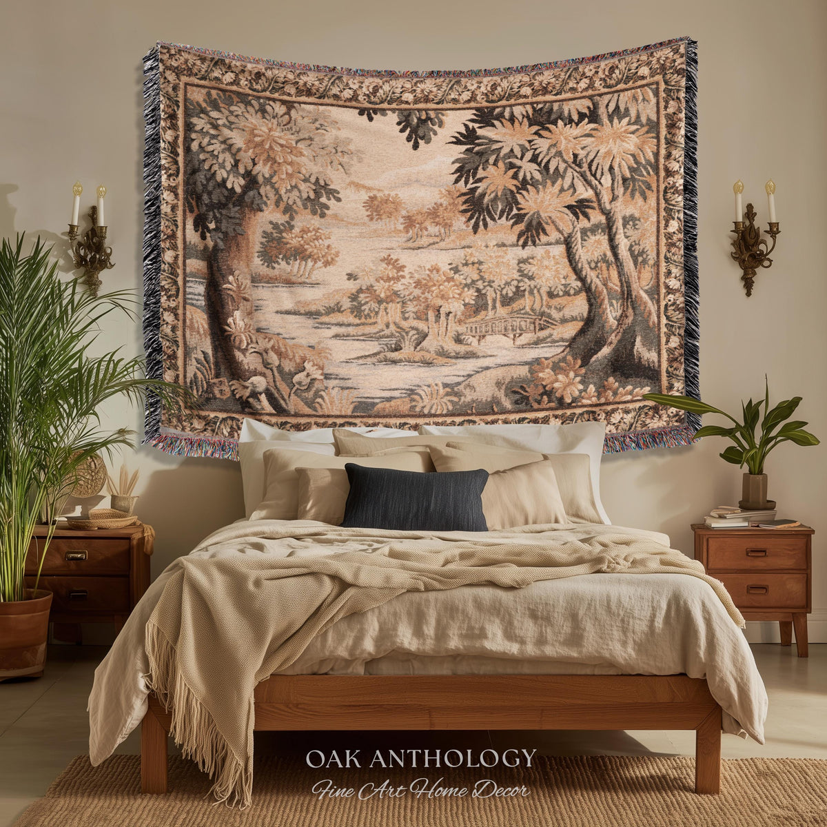 Flemish Landscape Aubusson Style Tapestry | Pastoral Woodland River Jacquard Woven Throw European Vintage Wall Art Acanthus Floral Historic