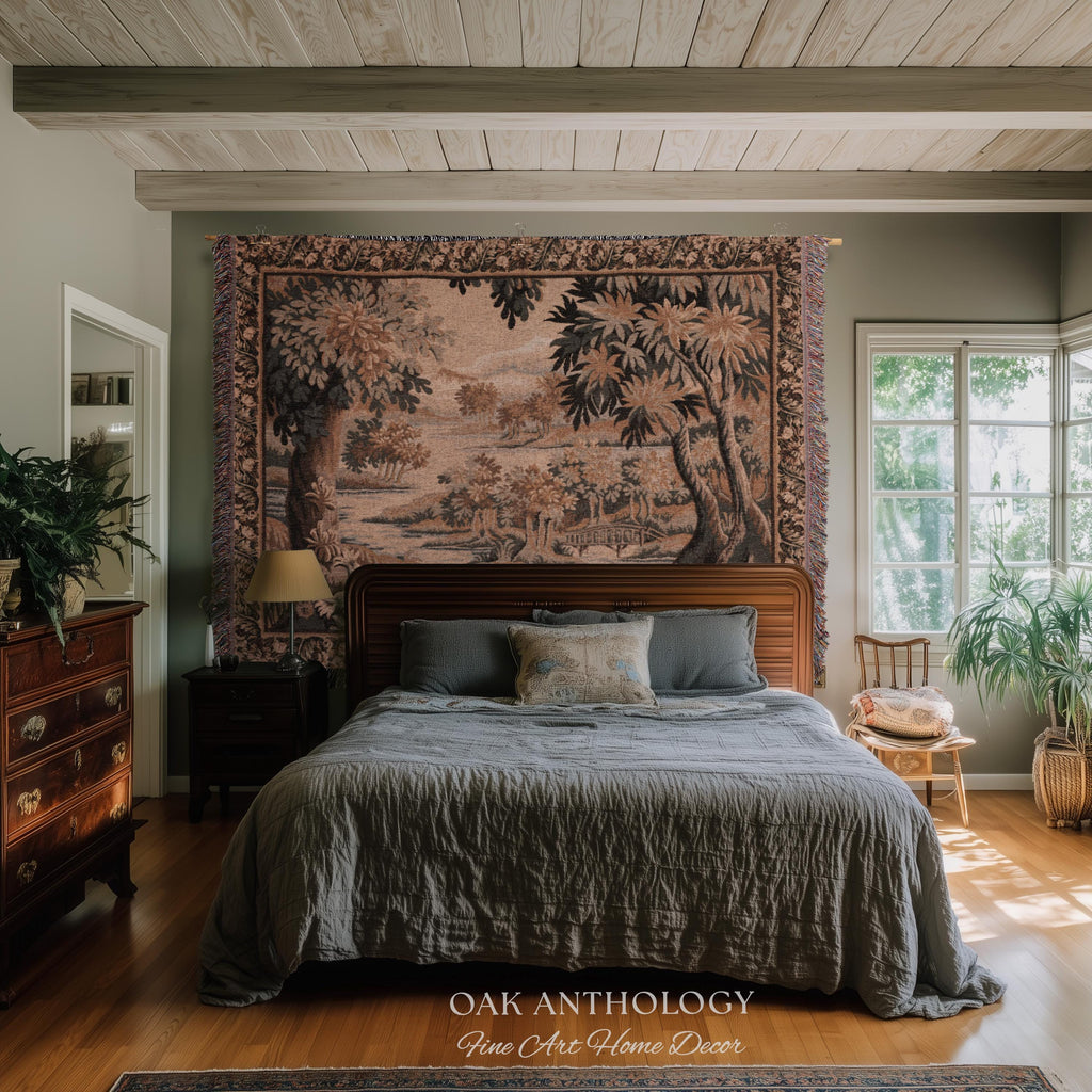 Flemish Landscape Aubusson Style Tapestry | Pastoral Woodland River Jacquard Woven Throw European Vintage Wall Art Acanthus Floral Historic
