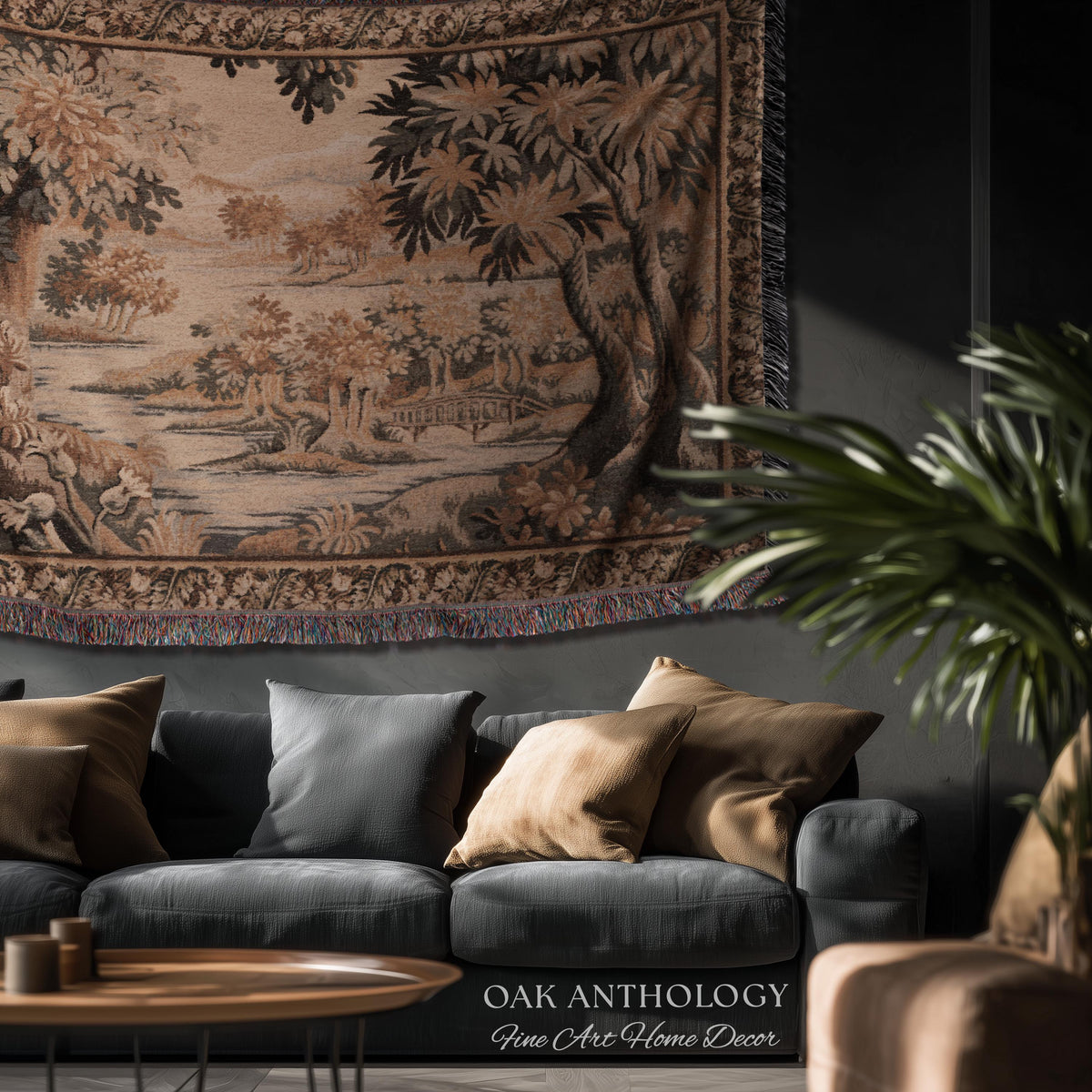 Flemish Landscape Aubusson Style Tapestry | Pastoral Woodland River Jacquard Woven Throw European Vintage Wall Art Acanthus Floral Historic