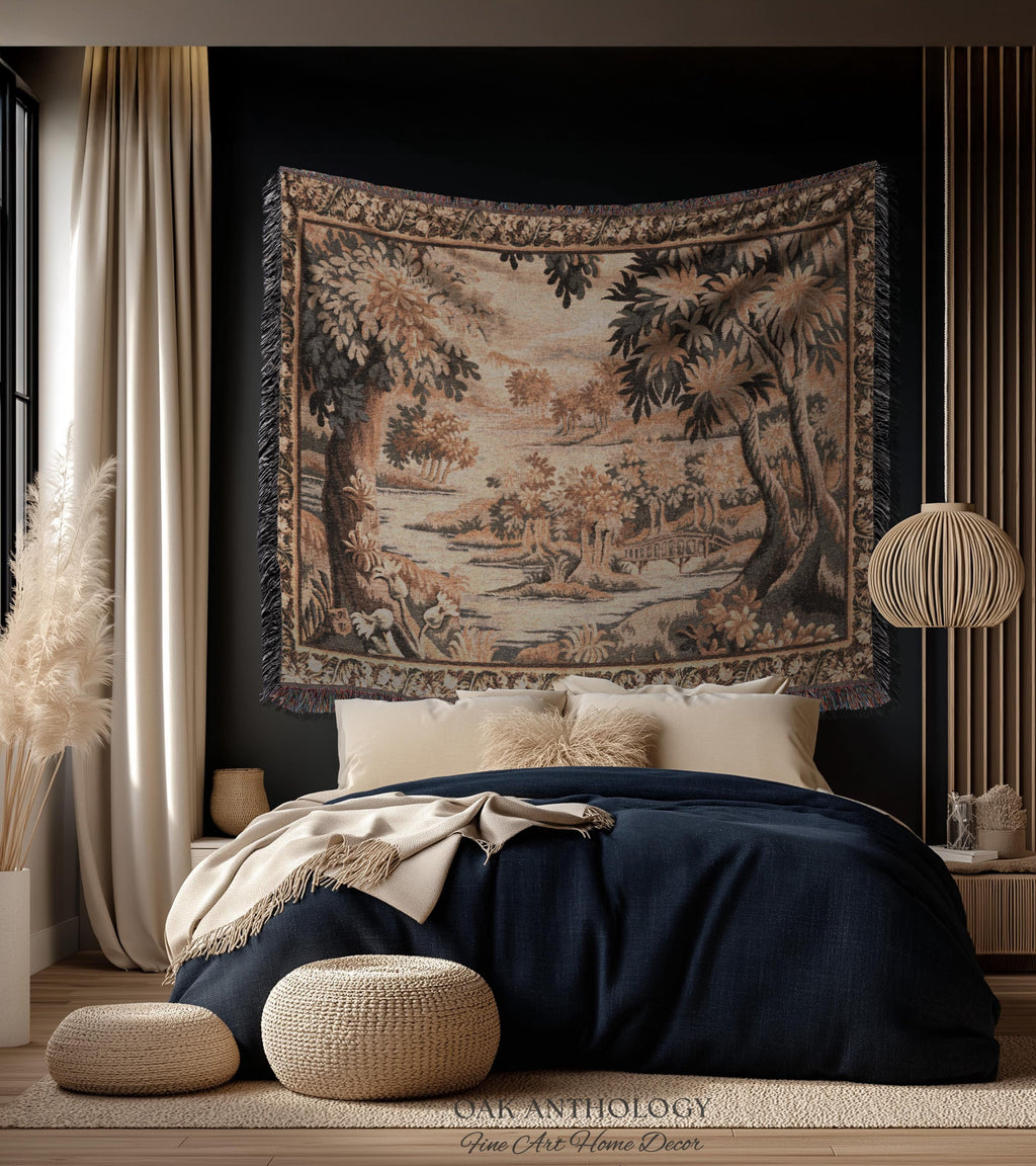 Flemish Landscape Aubusson Style Tapestry | Pastoral Woodland River Jacquard Woven Throw European Vintage Wall Art Acanthus Floral Historic