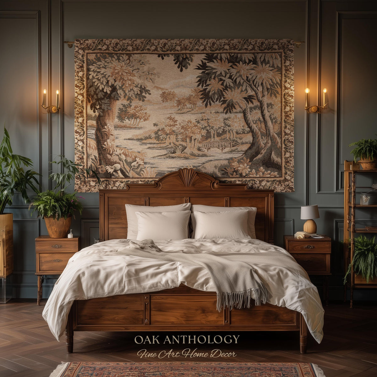 Flemish Landscape Aubusson Style Tapestry | Pastoral Woodland River Jacquard Woven Throw European Vintage Wall Art Acanthus Floral Historic