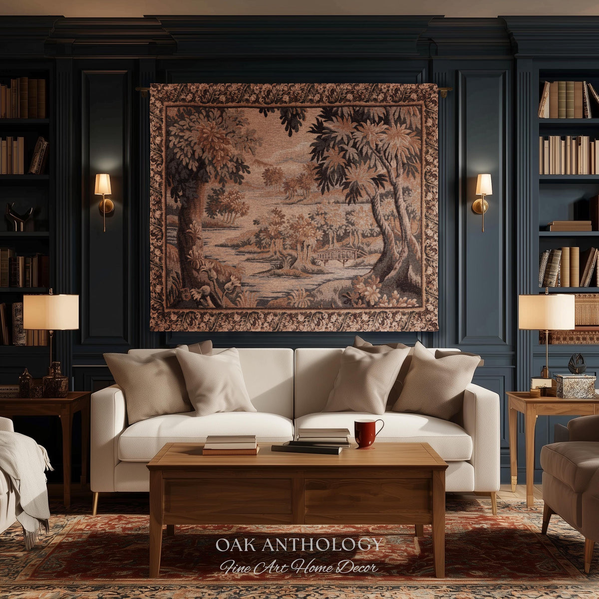 Flemish Landscape Aubusson Style Tapestry | Pastoral Woodland River Jacquard Woven Throw European Vintage Wall Art Acanthus Floral Historic