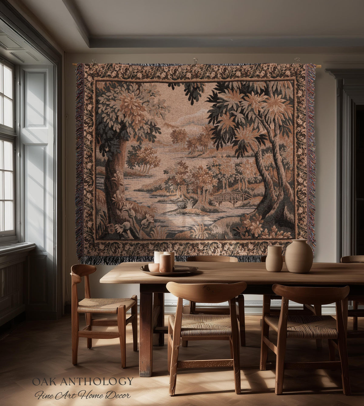 Flemish Landscape Aubusson Style Tapestry | Pastoral Woodland River Jacquard Woven Throw European Vintage Wall Art Acanthus Floral Historic
