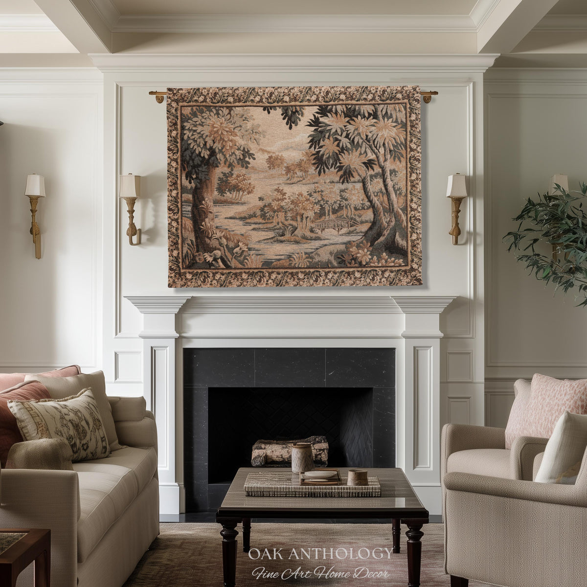Flemish Landscape Aubusson Style Tapestry | Pastoral Woodland River Jacquard Woven Throw European Vintage Wall Art Acanthus Floral Historic