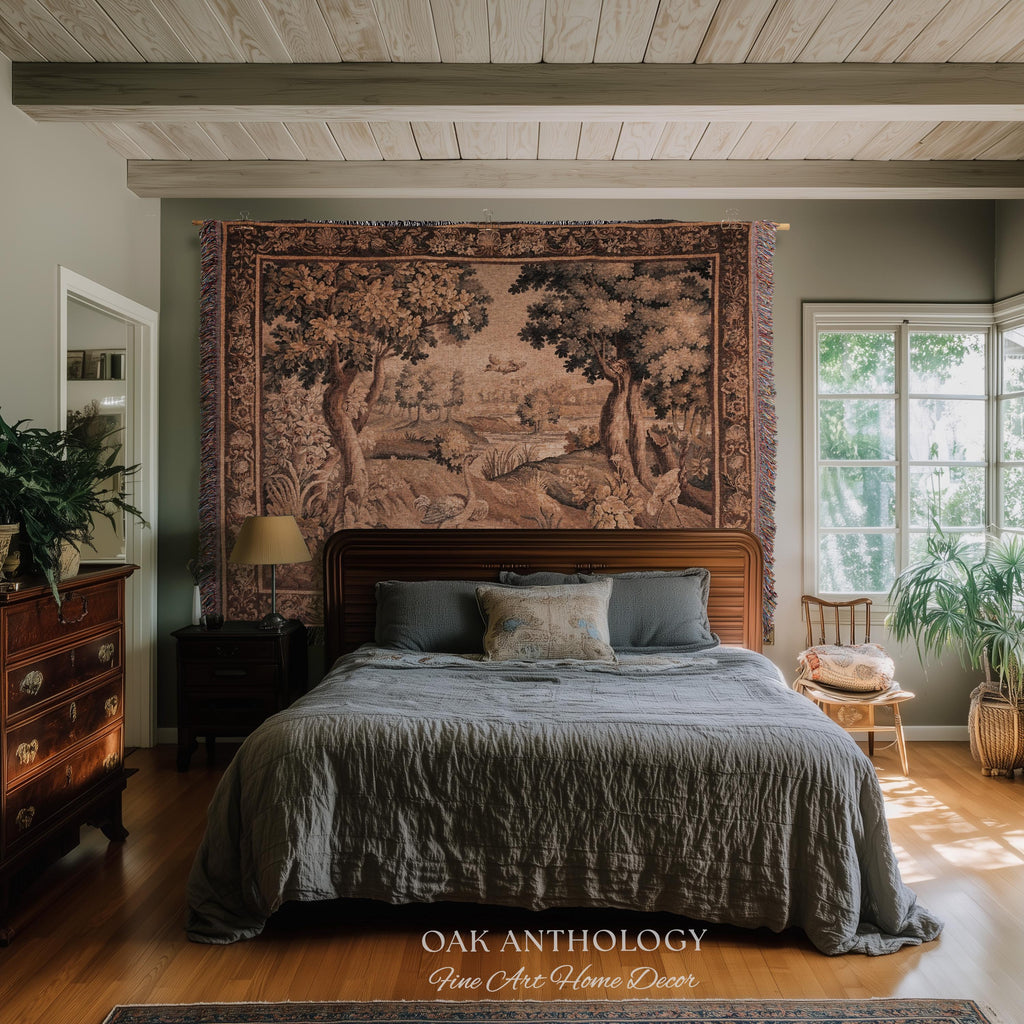Serene River Scene French Aubusson Verdure Tapestry Woven Wall Hanging | Antique Bird Botanical Landscape Classical Textile Above Bed Art