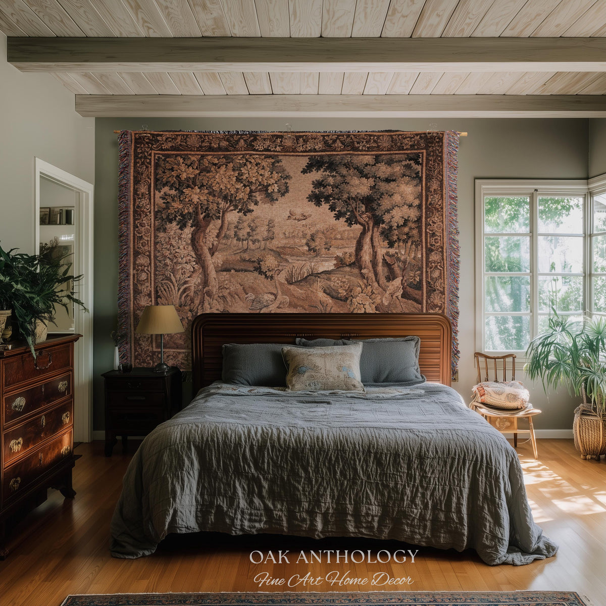 Serene River Scene French Aubusson Verdure Tapestry Woven Wall Hanging | Antique Bird Botanical Landscape Classical Textile Above Bed Art