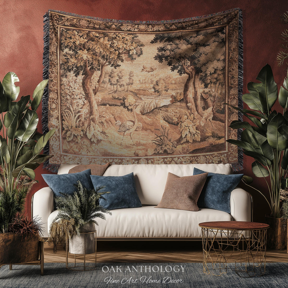 Serene River Scene French Aubusson Verdure Tapestry Woven Wall Hanging | Antique Bird Botanical Landscape Classical Textile Above Bed Art