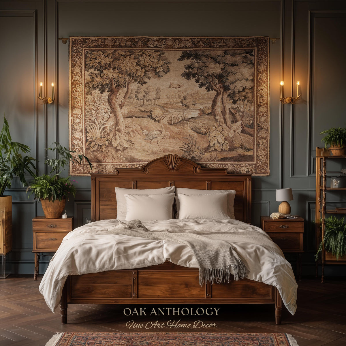 Serene River Scene French Aubusson Verdure Tapestry Woven Wall Hanging | Antique Bird Botanical Landscape Classical Textile Above Bed Art