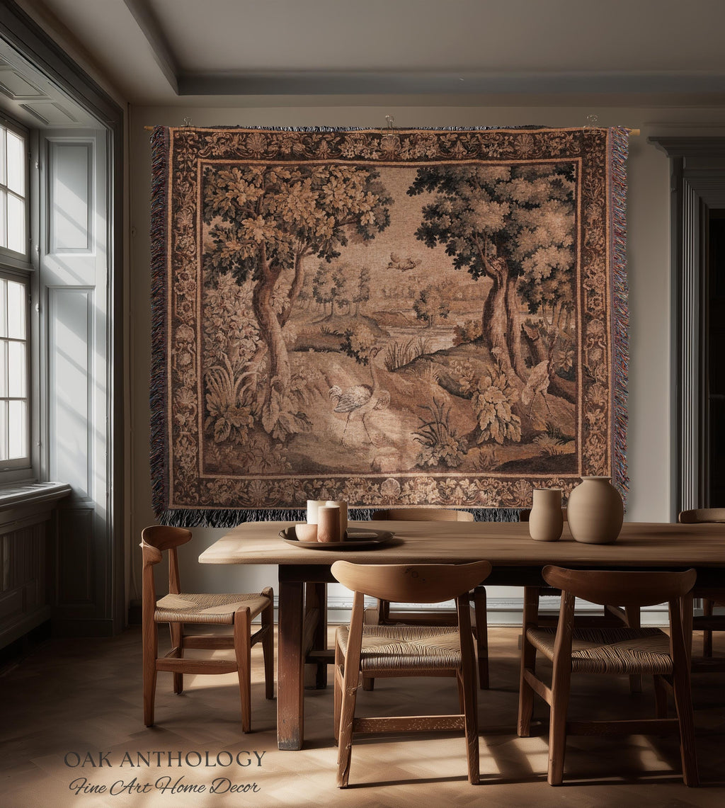 Serene River Scene French Aubusson Verdure Tapestry Woven Wall Hanging | Antique Bird Botanical Landscape Classical Textile Above Bed Art