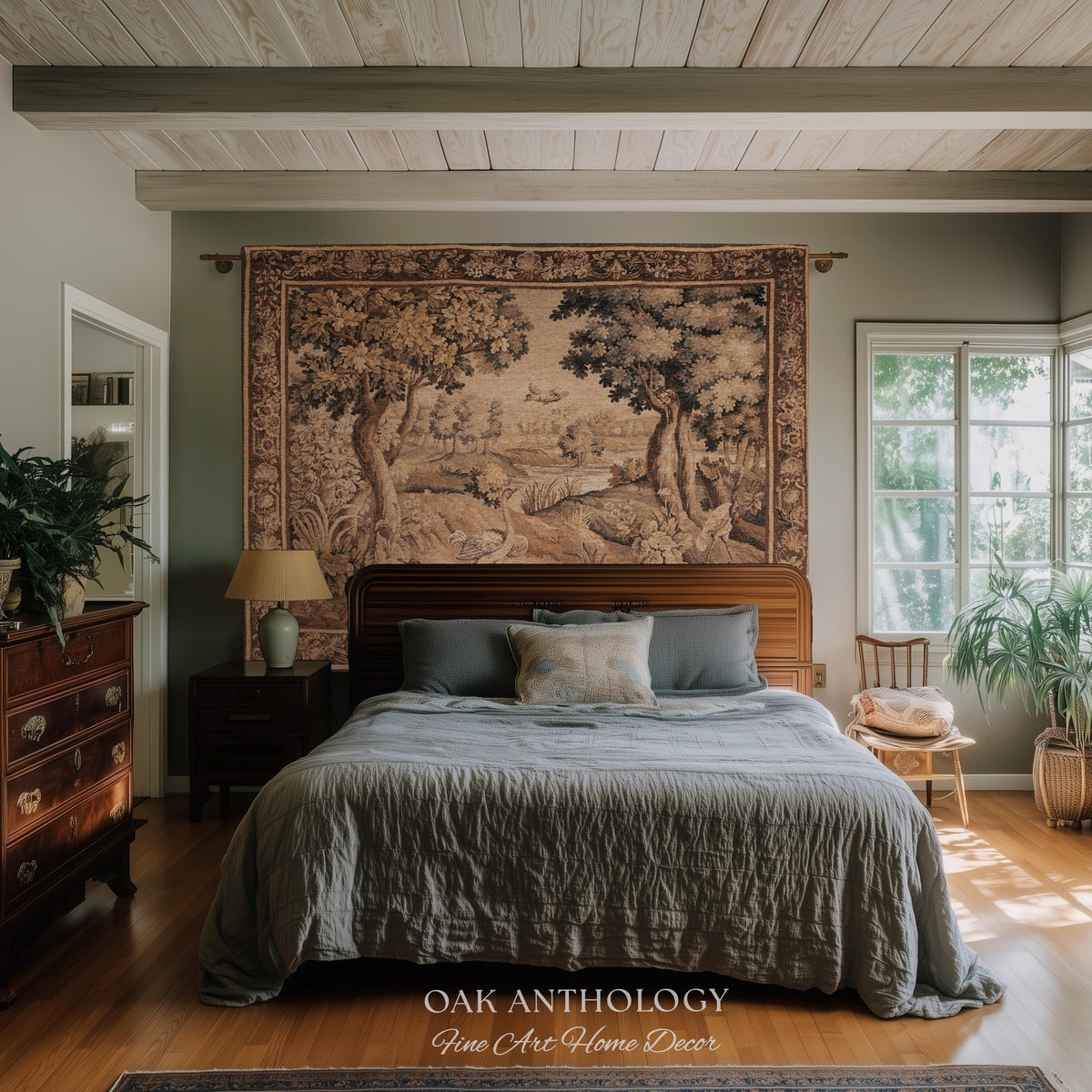 Serene River Scene French Aubusson Verdure Tapestry Woven Wall Hanging | Antique Bird Botanical Landscape Classical Textile Above Bed Art