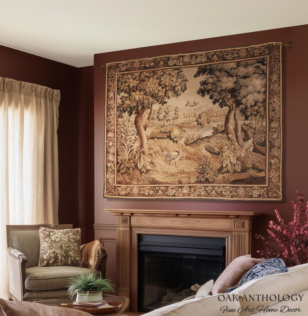 Serene River Scene French Aubusson Verdure Tapestry Woven Wall Hanging | Antique Bird Botanical Landscape Classical Textile Above Bed Art