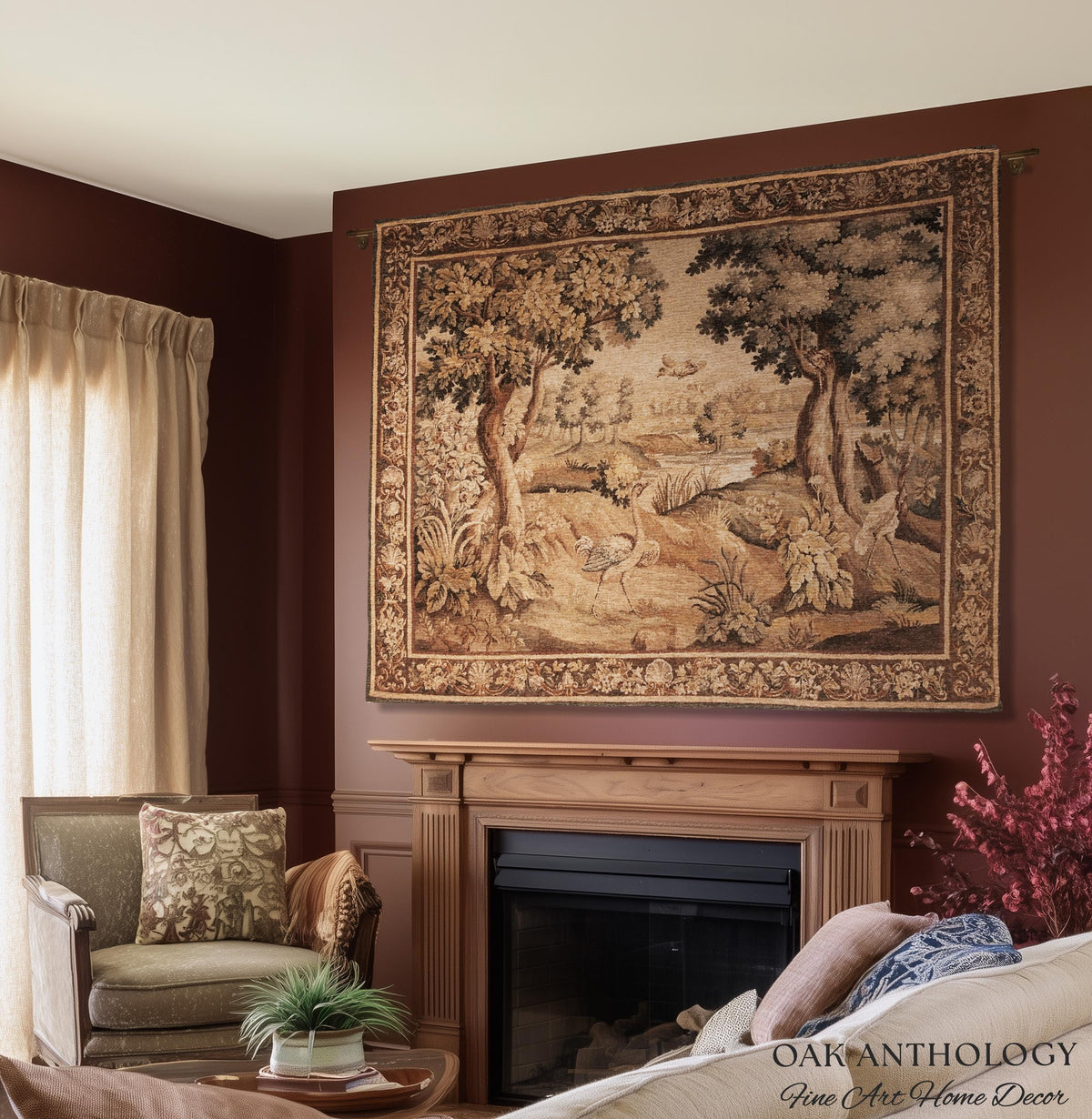 Serene River Scene French Aubusson Verdure Tapestry Woven Wall Hanging | Antique Bird Botanical Landscape Classical Textile Above Bed Art