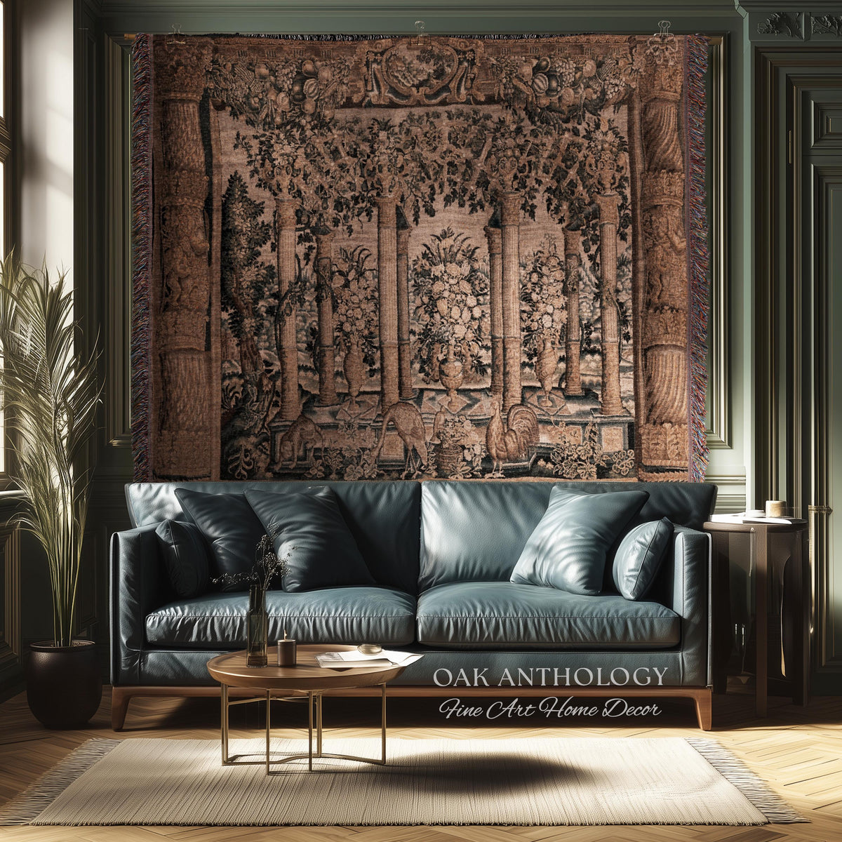 Baroque Estate Garden Classical Courtyard Column Wall Art Tapestry, Floral Flemish Architectural 17th Century Gallery of Animals Woven Throw