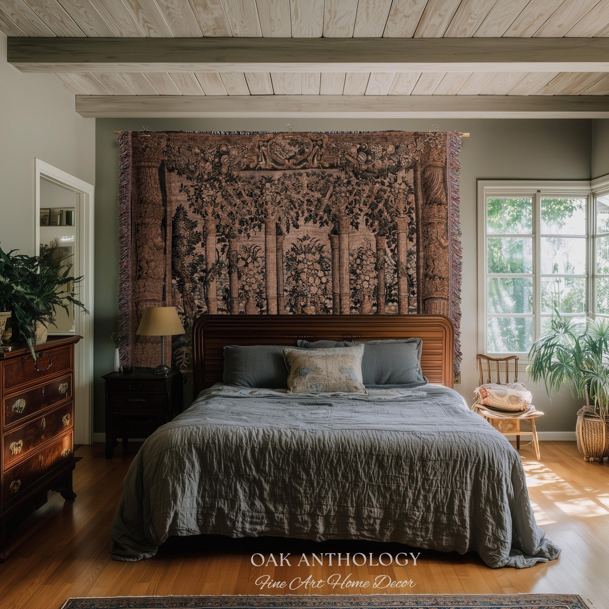 Baroque Estate Garden Classical Courtyard Column Wall Art Tapestry, Floral Flemish Architectural 17th Century Gallery of Animals Woven Throw