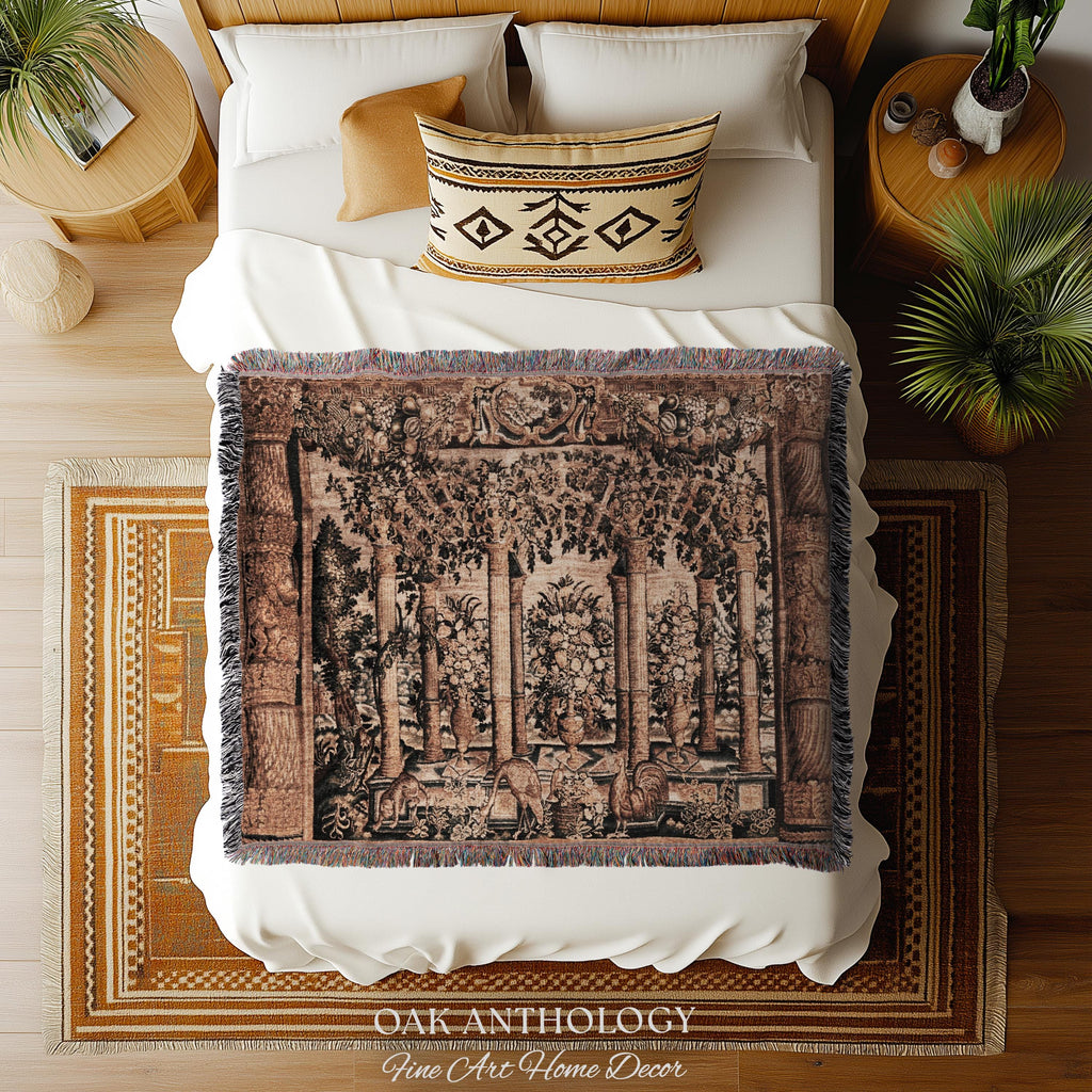 Baroque Estate Garden Classical Courtyard Column Wall Art Tapestry, Floral Flemish Architectural 17th Century Gallery of Animals Woven Throw