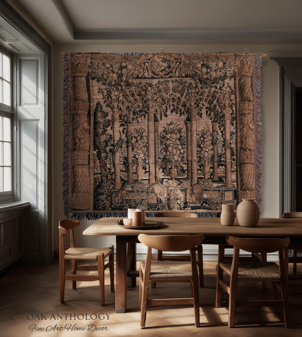 Baroque Estate Garden Classical Courtyard Column Wall Art Tapestry, Floral Flemish Architectural 17th Century Gallery of Animals Woven Throw