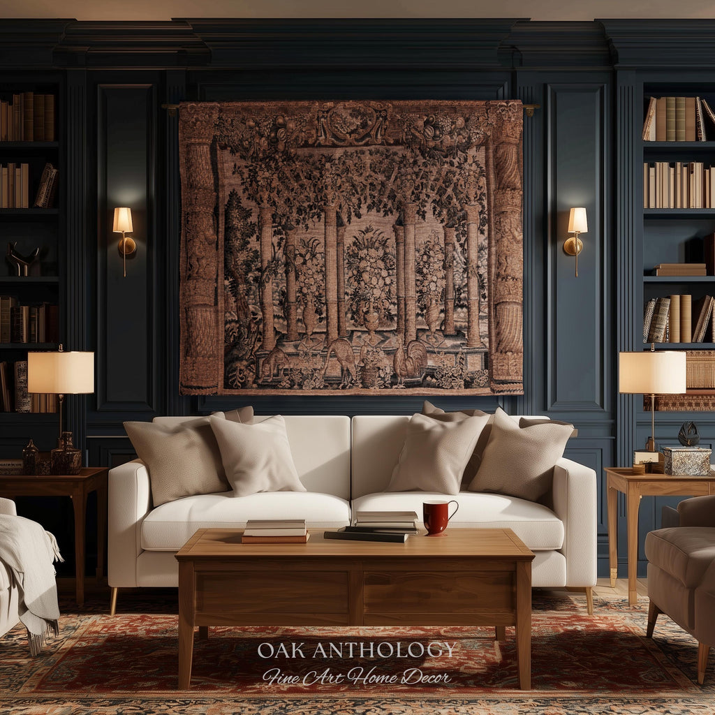 Baroque Estate Garden Classical Courtyard Column Wall Art Tapestry, Floral Flemish Architectural 17th Century Gallery of Animals Woven Throw