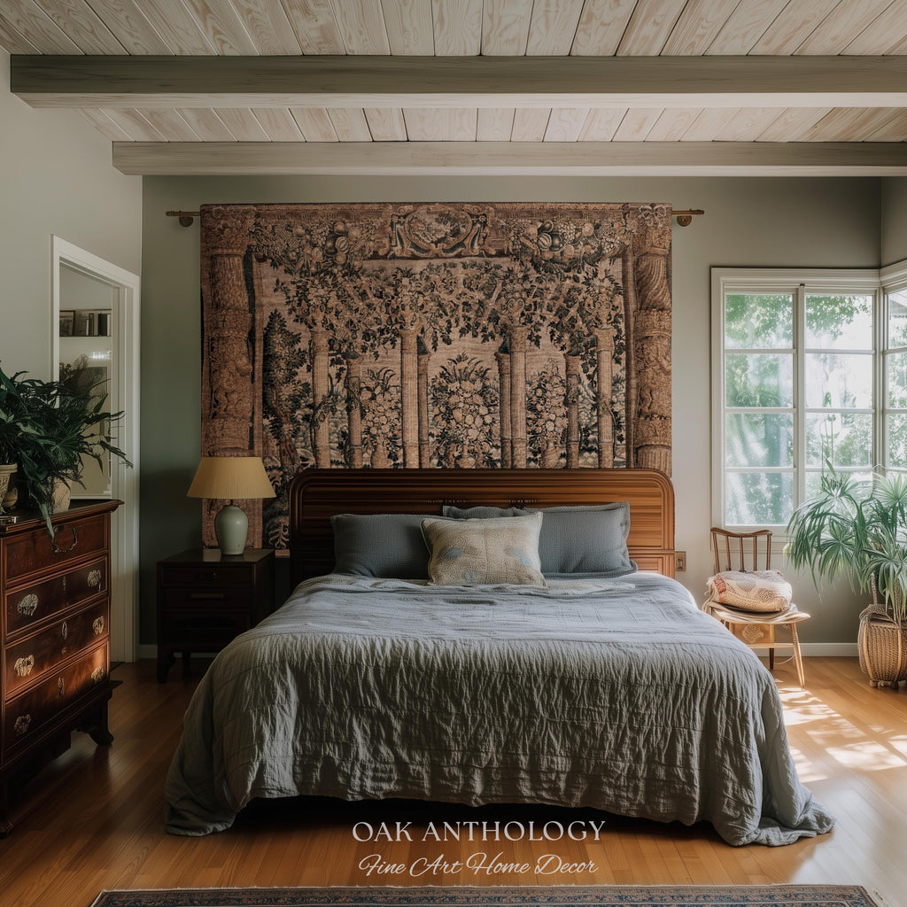 Baroque Estate Garden Classical Courtyard Column Wall Art Tapestry, Floral Flemish Architectural 17th Century Gallery of Animals Woven Throw
