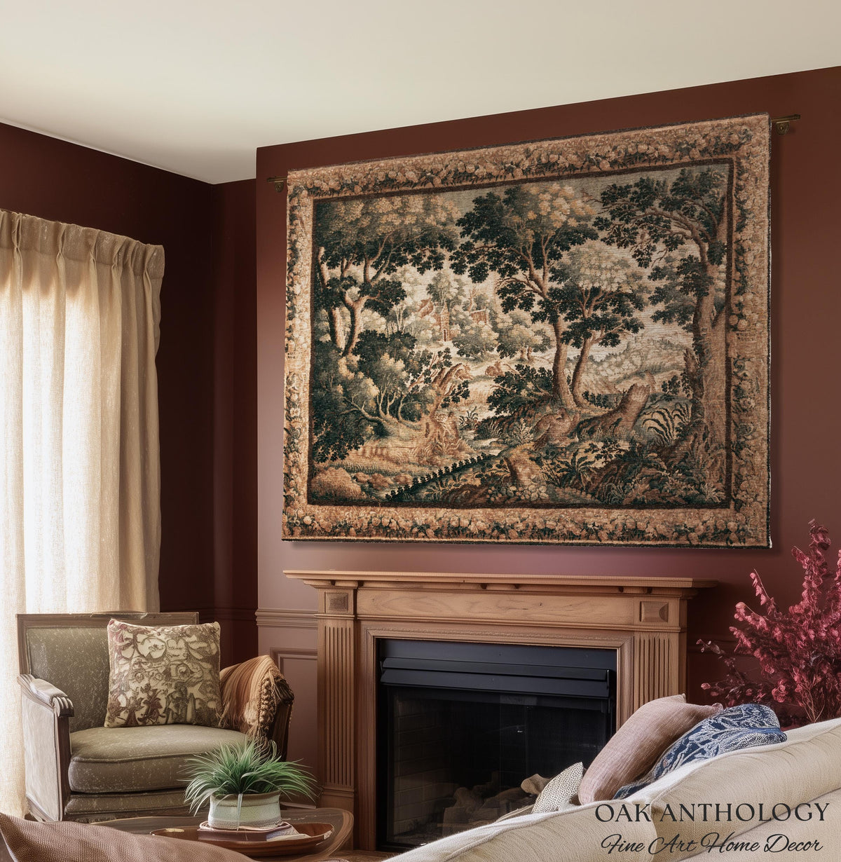 Classical Woodland Verdure Woven Wildlife Countryside Tapestry Wall Art | 17th Century Historical European Landscape Antique Textile Decor
