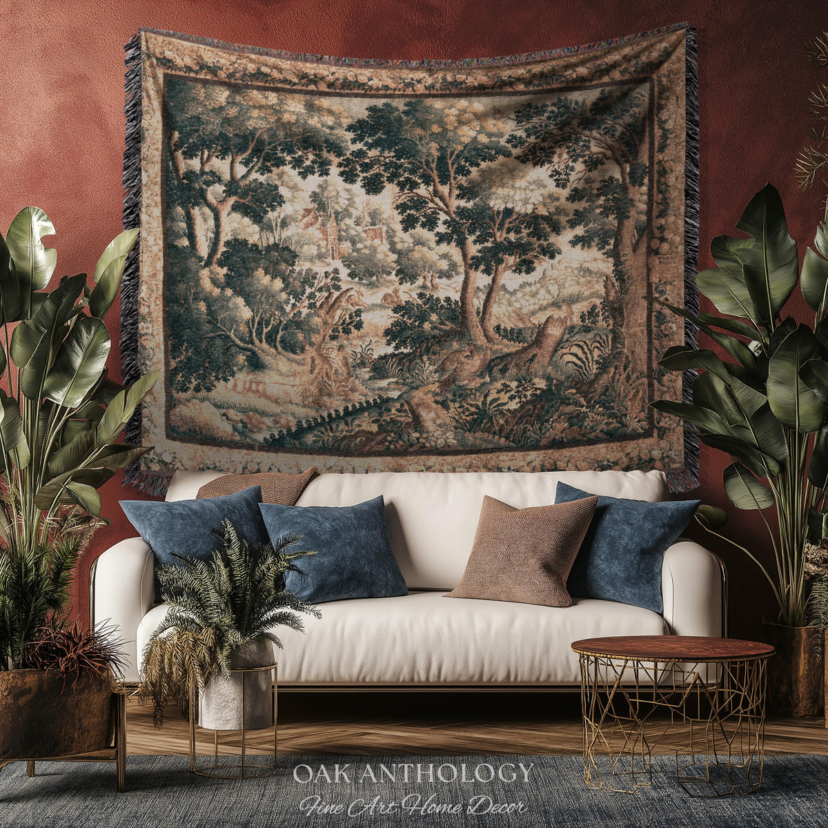 Classical Woodland Verdure Woven Wildlife Countryside Tapestry Wall Art | 17th Century Historical European Landscape Antique Textile Decor