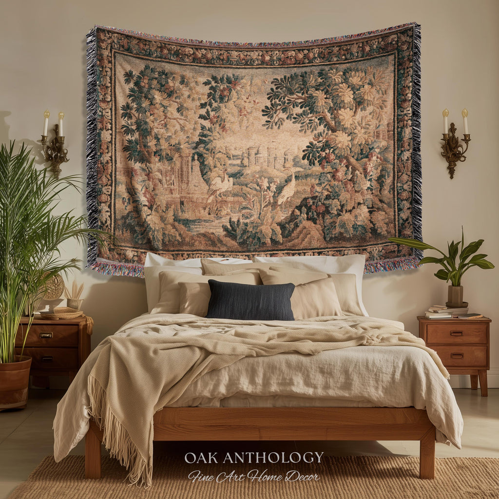 Château Landscape Verdure Wading Birds Tapestry Woven Wall Hanging | Early 18th Century Rolling Hills River Scene Reproduction Textile Art