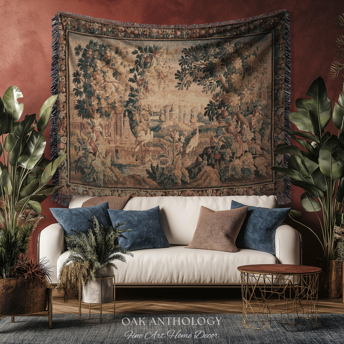 Château Landscape Verdure Wading Birds Tapestry Woven Wall Hanging | Early 18th Century Rolling Hills River Scene Reproduction Textile Art