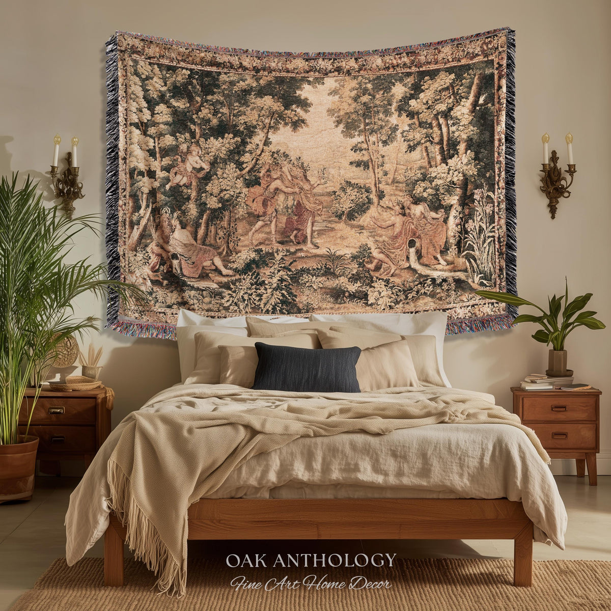 Mythological Forest Verdure Woven Tapestry | Woodland Nymph Traditional Baroque Jacquard Woven Throw Vintage Renaissance Style Wall Textile