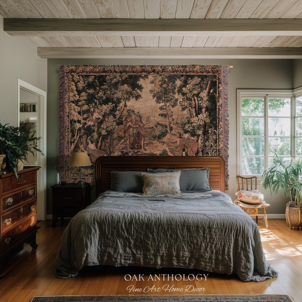 Mythological Forest Verdure Woven Tapestry | Woodland Nymph Traditional Baroque Jacquard Woven Throw Vintage Renaissance Style Wall Textile