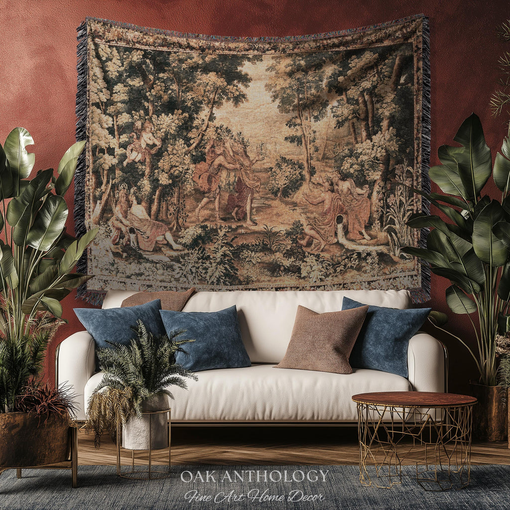 Mythological Forest Verdure Woven Tapestry | Woodland Nymph Traditional Baroque Jacquard Woven Throw Vintage Renaissance Style Wall Textile