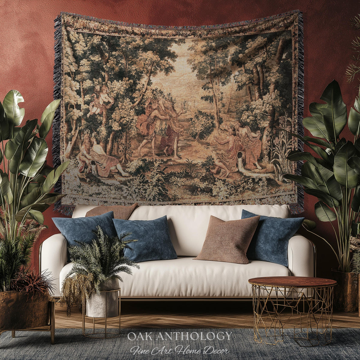 Mythological Forest Verdure Woven Tapestry | Woodland Nymph Traditional Baroque Jacquard Woven Throw Vintage Renaissance Style Wall Textile
