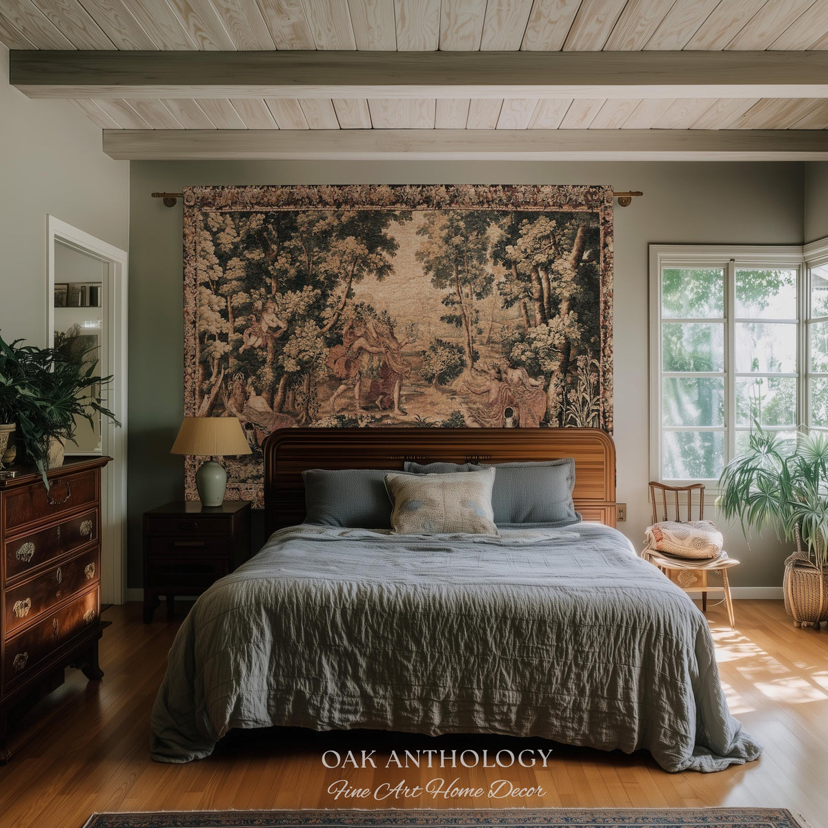 Mythological Forest Verdure Woven Tapestry | Woodland Nymph Traditional Baroque Jacquard Woven Throw Vintage Renaissance Style Wall Textile