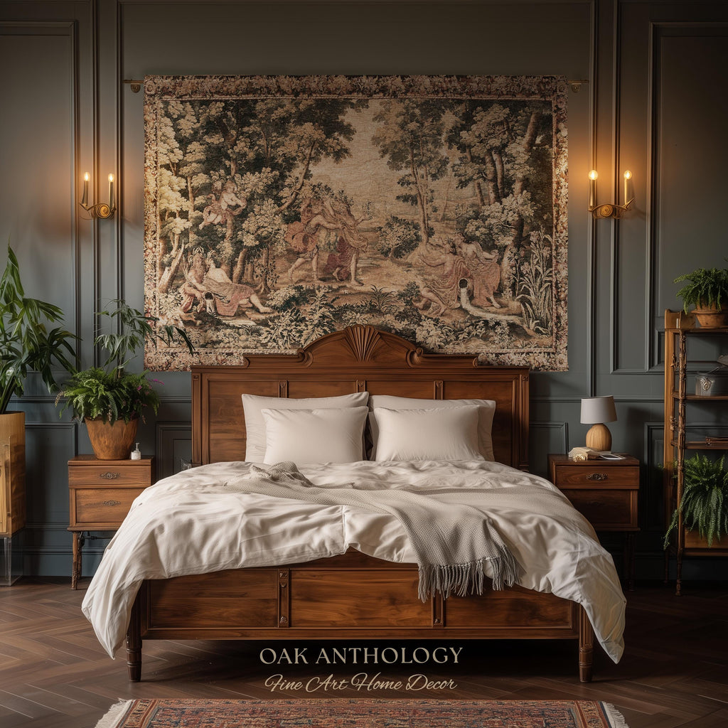 Mythological Forest Verdure Woven Tapestry | Woodland Nymph Traditional Baroque Jacquard Woven Throw Vintage Renaissance Style Wall Textile