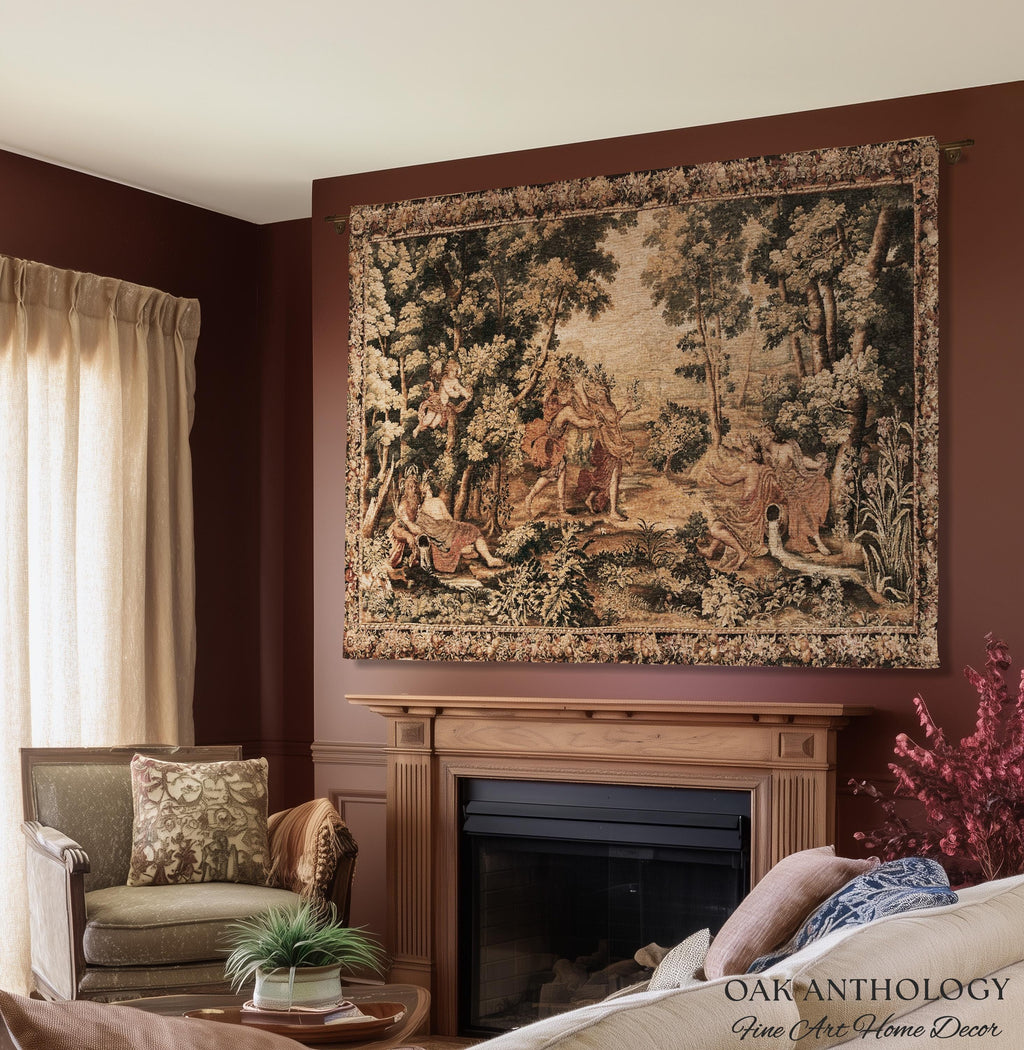 Mythological Forest Verdure Woven Tapestry | Woodland Nymph Traditional Baroque Jacquard Woven Throw Vintage Renaissance Style Wall Textile