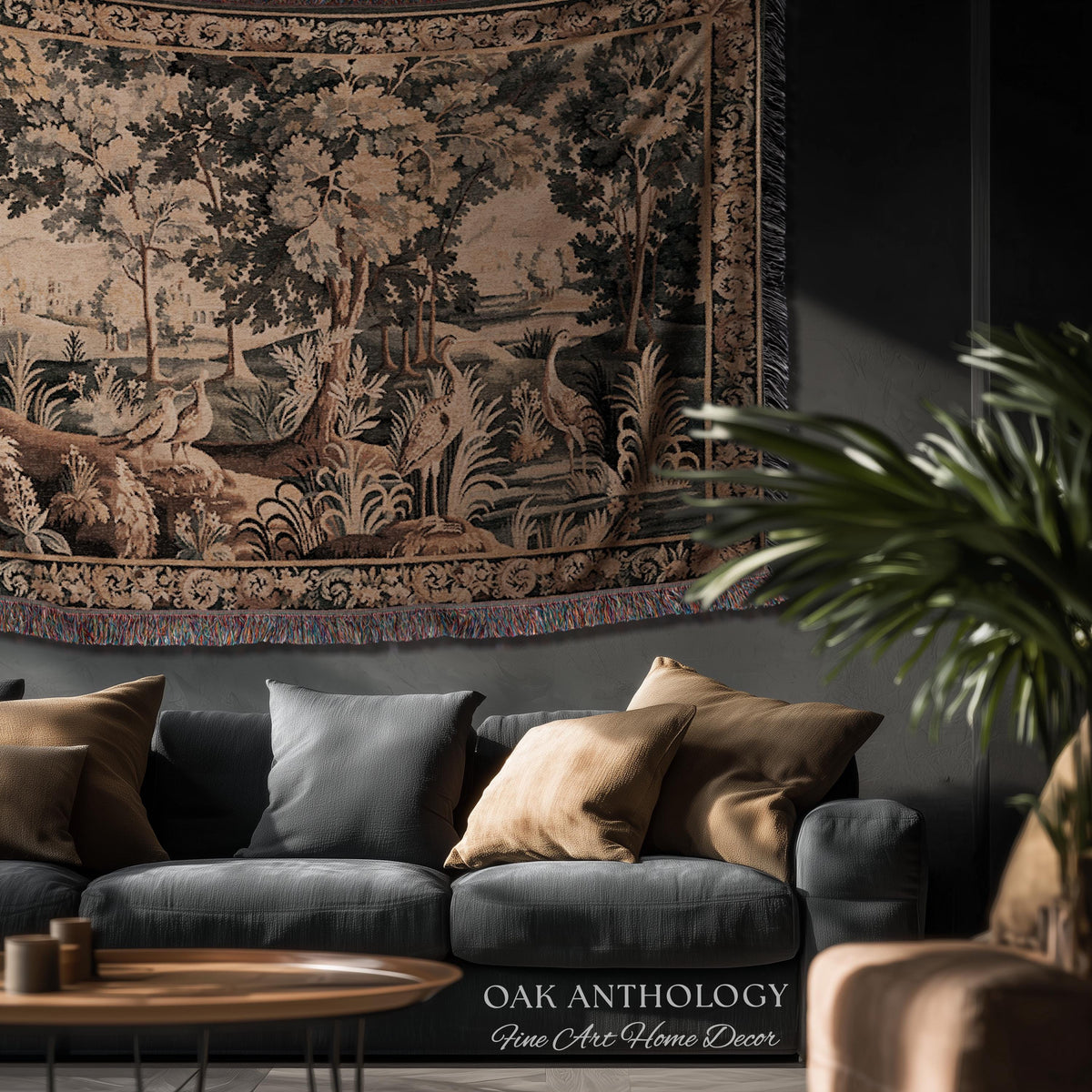 Ornamental Birds European Marsh Landscape Tapestry | Old World French Country Aubusson Woodland Woven Throw Traditional Verdure Textile Art