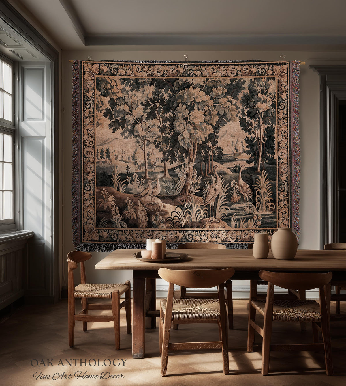 Ornamental Birds European Marsh Landscape Tapestry | Old World French Country Aubusson Woodland Woven Throw Traditional Verdure Textile Art
