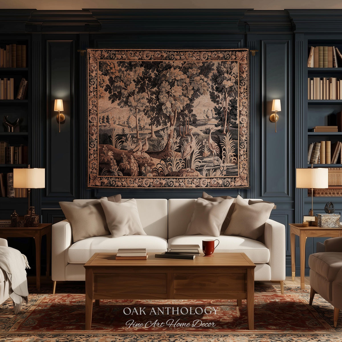 Ornamental Birds European Marsh Landscape Tapestry | Old World French Country Aubusson Woodland Woven Throw Traditional Verdure Textile Art