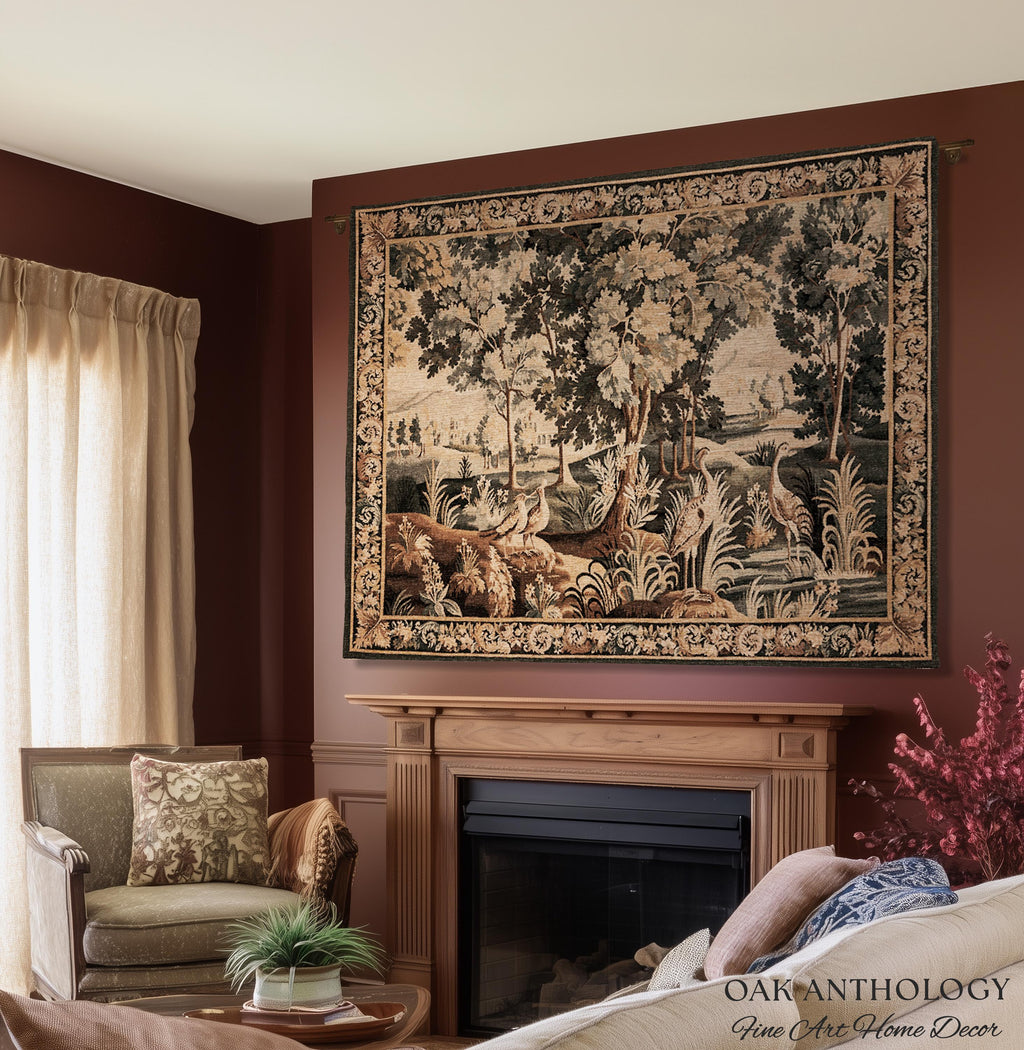 Ornamental Birds European Marsh Landscape Tapestry | Old World French Country Aubusson Woodland Woven Throw Traditional Verdure Textile Art