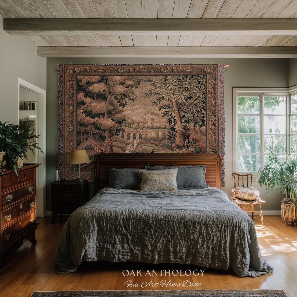Rustic Aqueduct Landscape Aubusson Verdure Tapestry, French Countryside Traditional Influence Heirloom Throw Blanket Woven Woodland Wall Art