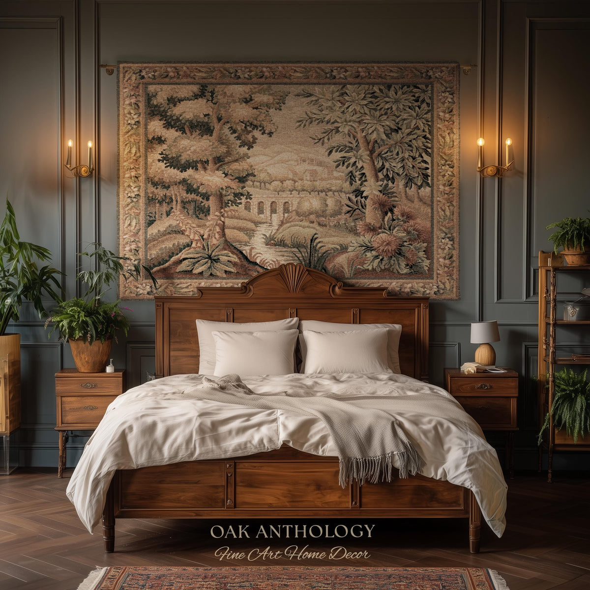 Rustic Aqueduct Landscape Aubusson Verdure Tapestry, French Countryside Traditional Influence Heirloom Throw Blanket Woven Woodland Wall Art