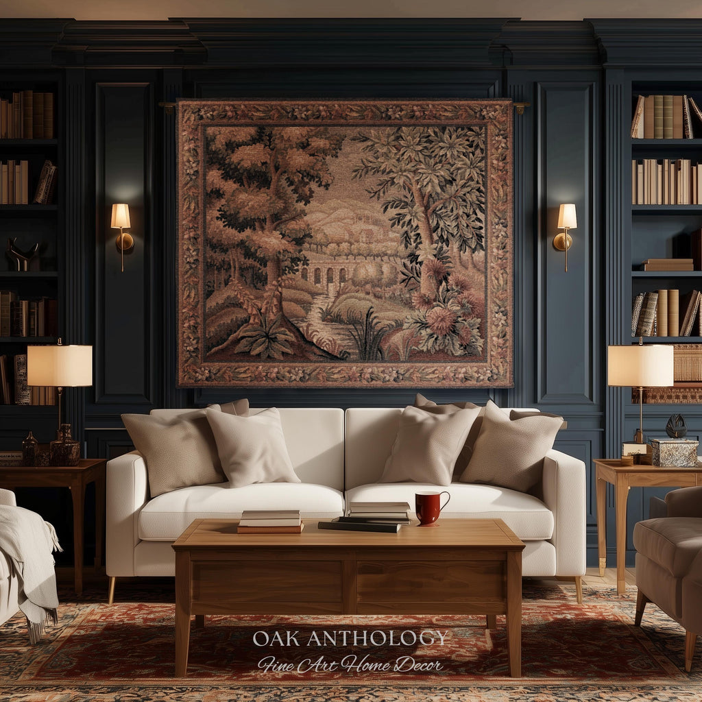 Rustic Aqueduct Landscape Aubusson Verdure Tapestry, French Countryside Traditional Influence Heirloom Throw Blanket Woven Woodland Wall Art